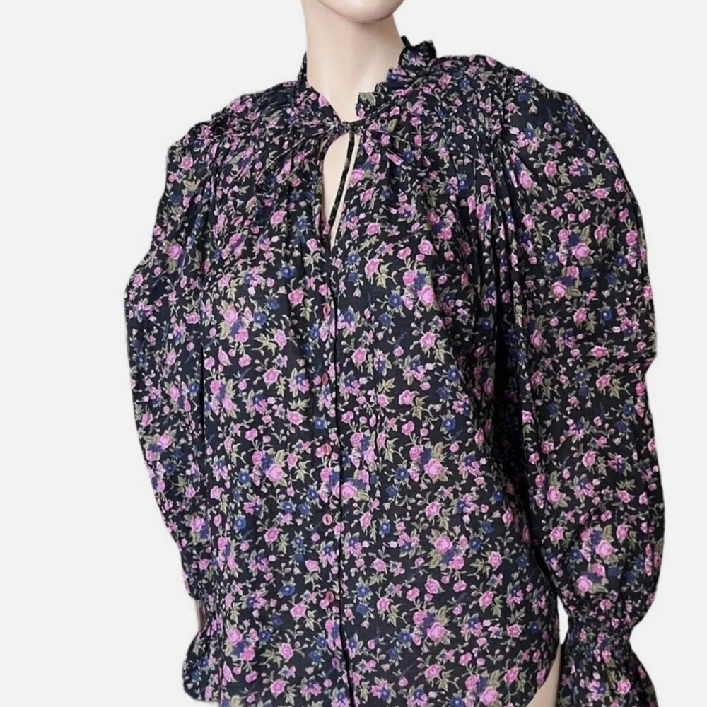 Free People Black Puff Sleeve Blouse with Ruffled Tie Front